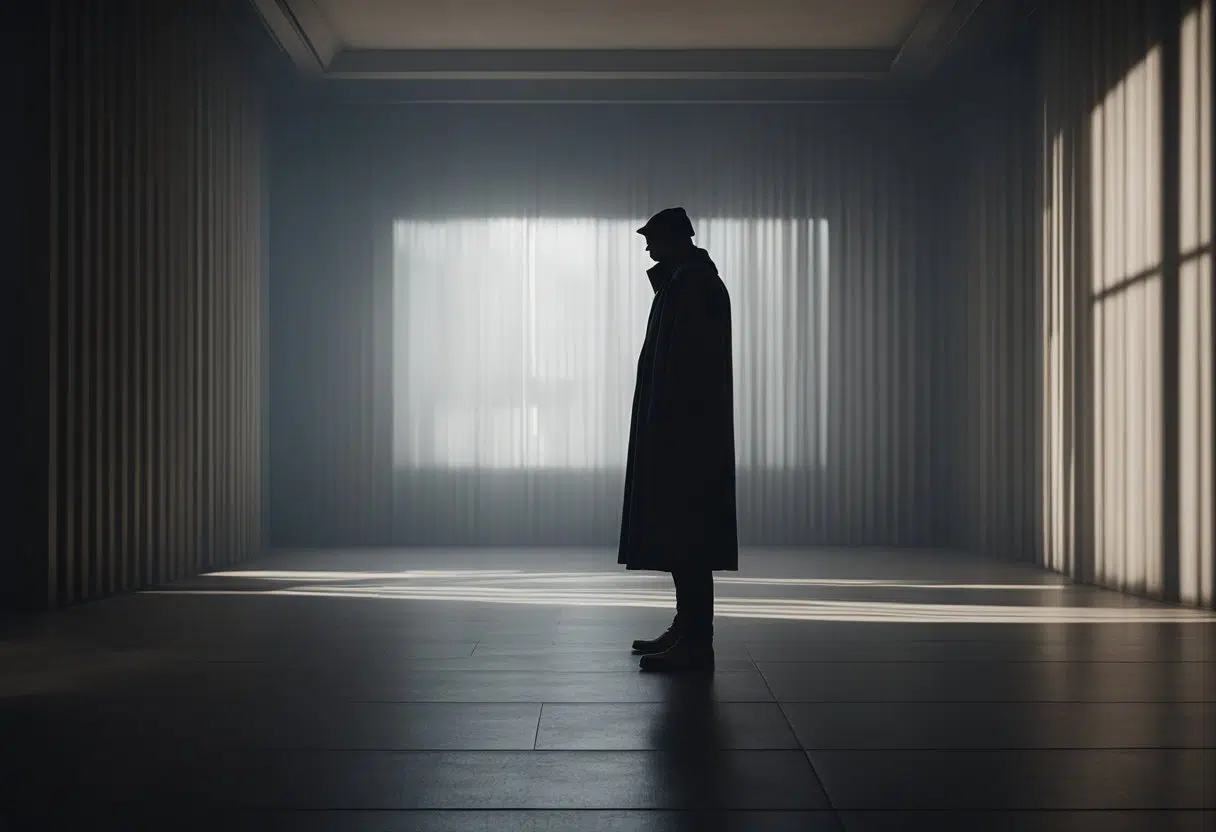 A dark, solitary figure stands in a dimly lit room, surrounded by ominous shadows. The atmosphere is tense and foreboding, conveying a sense of isolation and secrecy